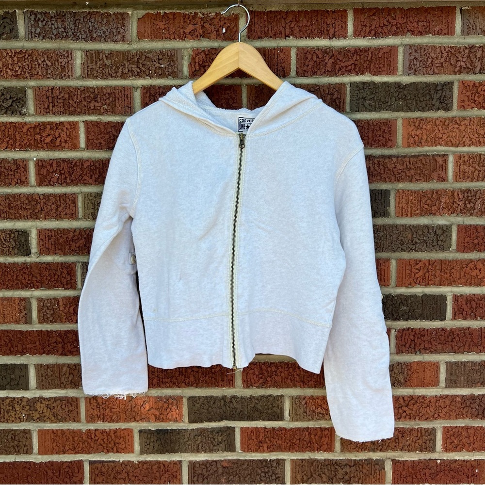 Converse All Star Cream White Cropped Full Zip Distressed Hoodie Sweatshirt